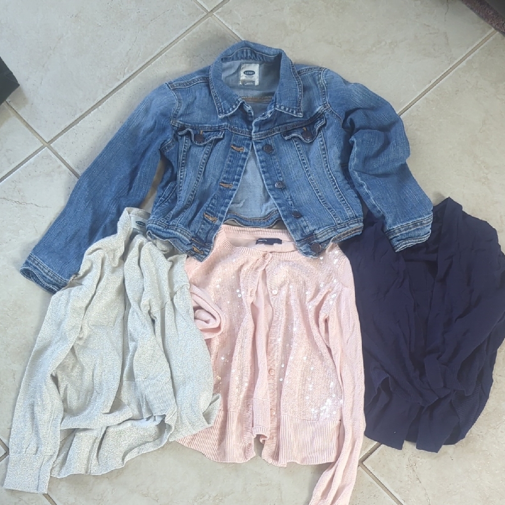 Old Navy Blue Jean Jacket Girls Size 8, Three Cardigans Pink Sequin, Gold, Navy